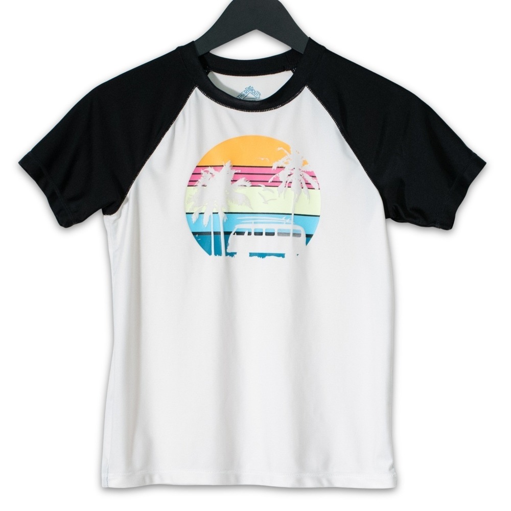 Thereabouts‎ Swim Shirt Girls M 10 12 Raglan T Shirt White Black Tropical Beach